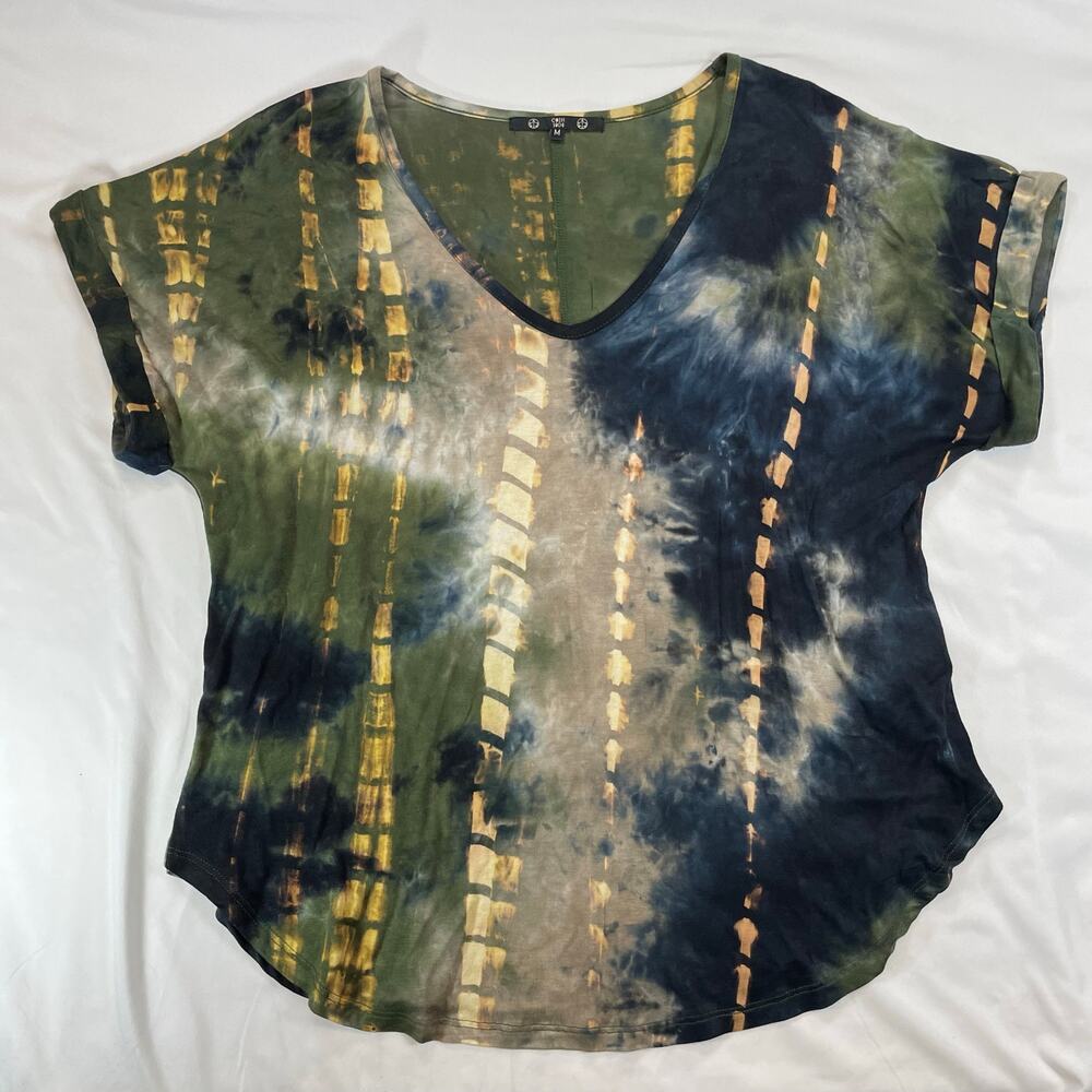 Coin 1804 Women's M Tie Dye V-Neck Short Sleeve Top Green Black Boho